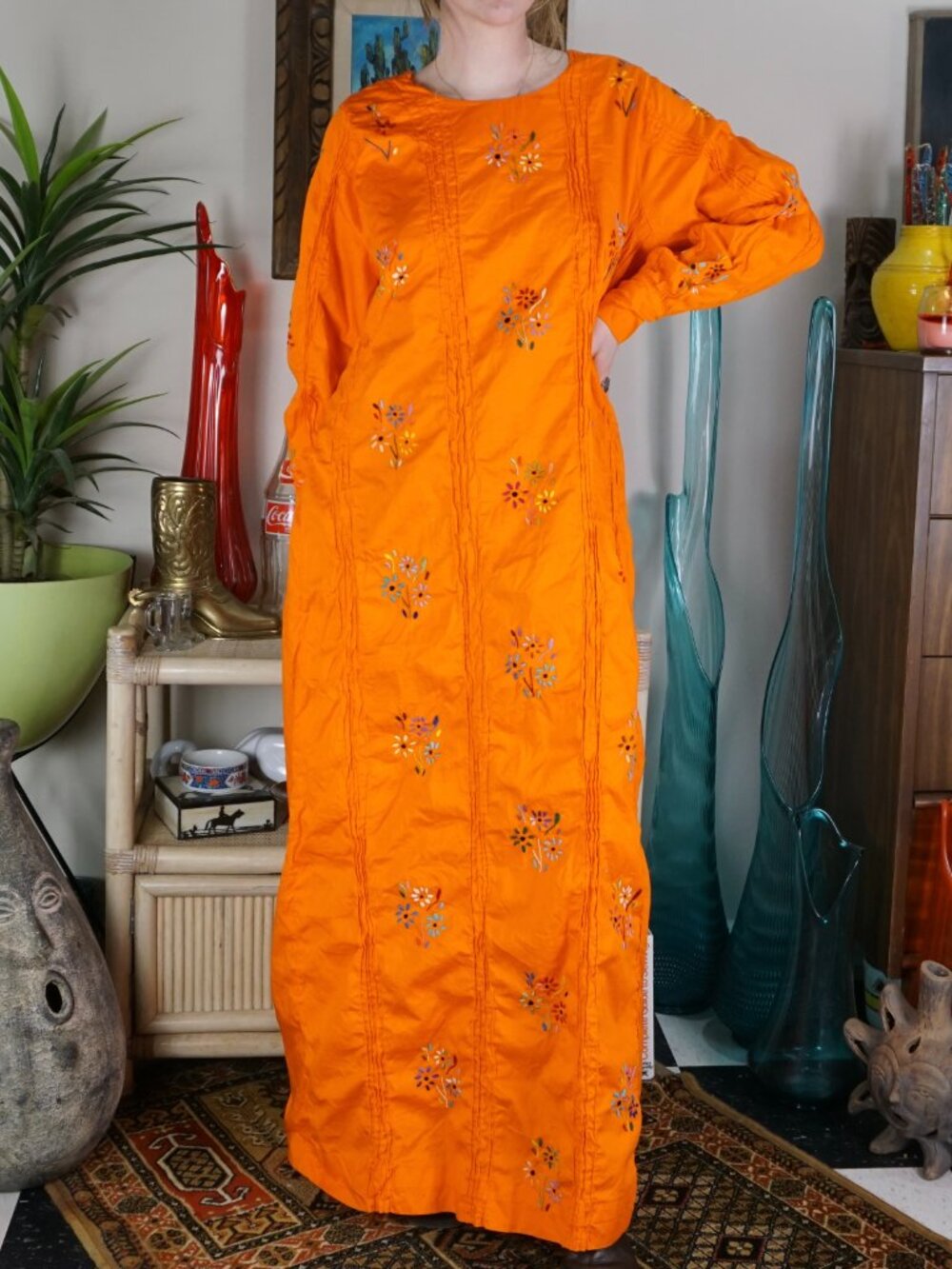 Vintage Casa Taxco orange embroidered long sleeve caftan mexican cotton volup